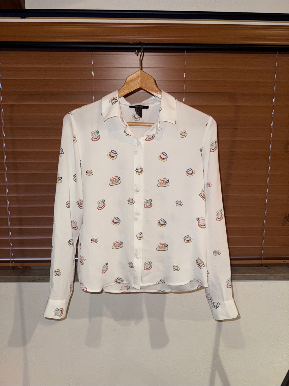 Women’s Casual White Button-Down Shirt with Cup Print